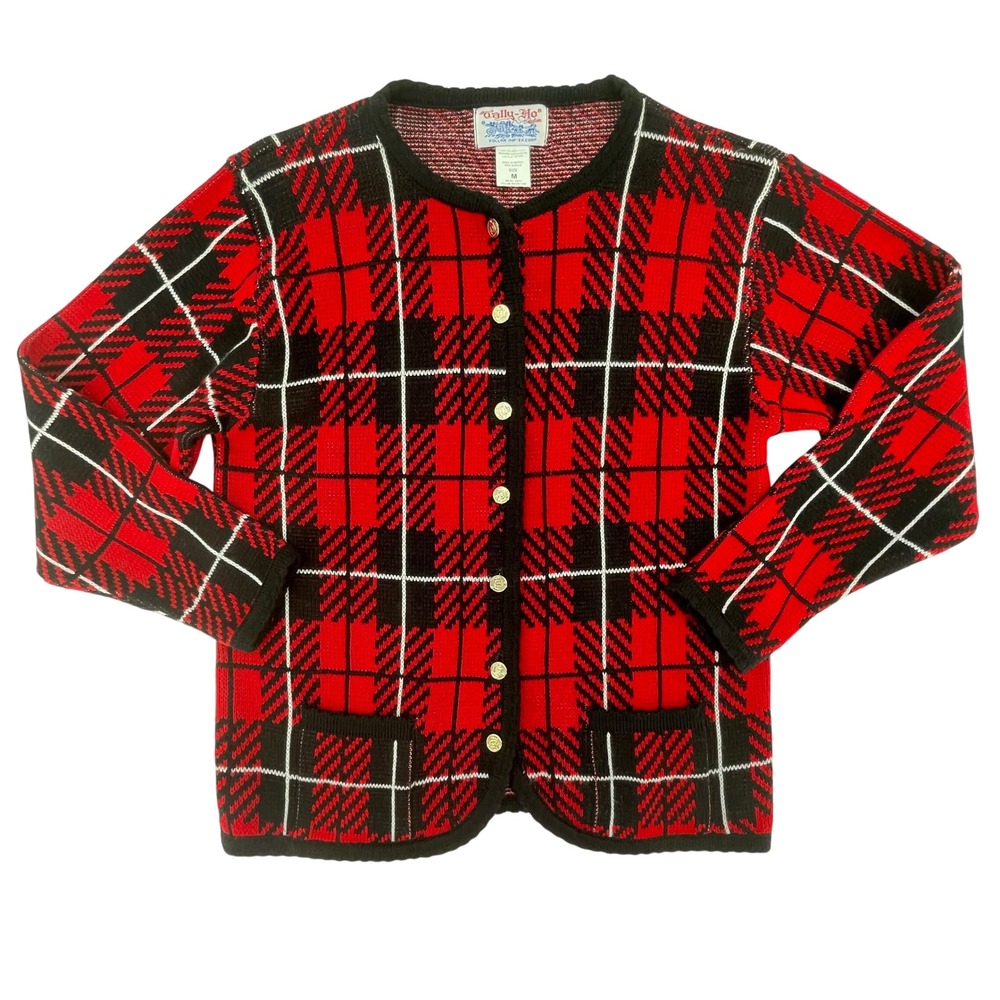 Tally Ho Red Black Plaid Button Cardigan Sweater Women's Sz. M Cozy Knit Pockets